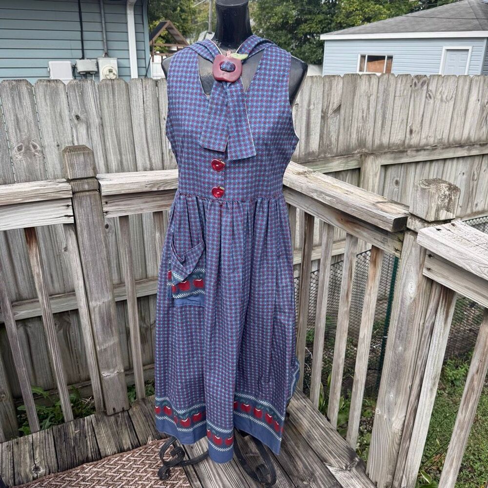 Vintage Country Creations Blue Apple Print Sailor Collar Dress Fits Like XL